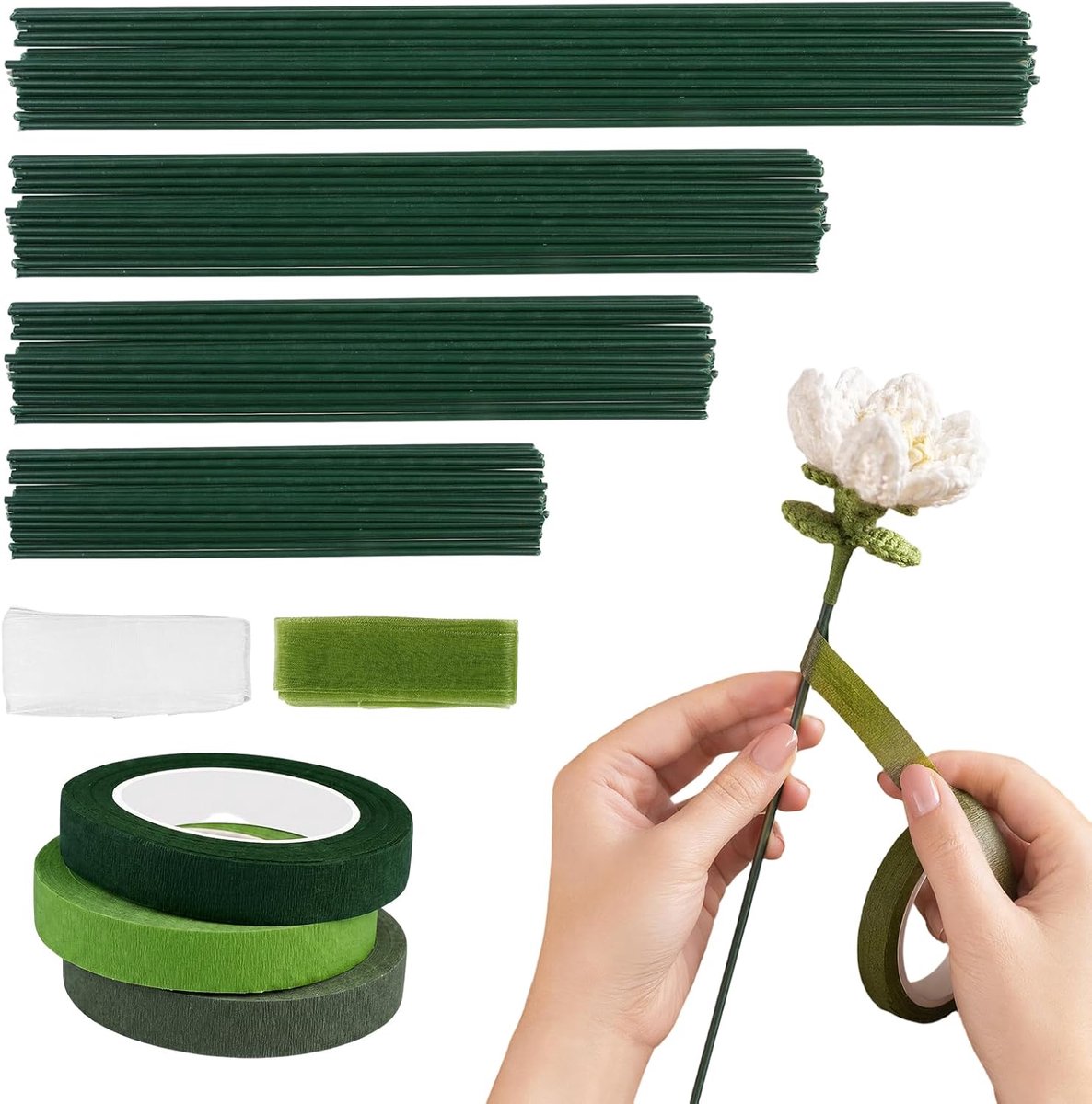 Draad Flexibele, Diameter 2 mm Bloemstam Draad | et 3 Bloemenlint en 2 Satijnen Linten, Bloemistendraadset van Metaaldraad voor Bloemisten, Kransen, Doe-Het-Zelf Boeketten