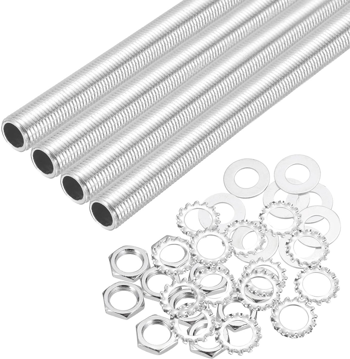 28-delige buisset voor lamp met zeskantmoeren en sluitringen, 1/4IP volledige schroefdraad, 1/2 inch OD-slang, kabelbevestigingen voor montage, kroonluchter, reparaties, doe-het-zelf, zilver