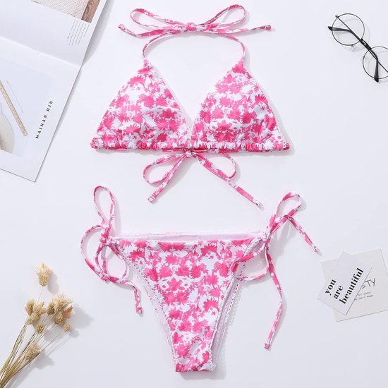 Bikini dames set tweedelige haltertop triangel sexy string badpak badmode zijdelingse vetersluiting — afbeelding 3