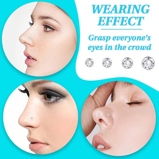 60 stuks kristallen neuspiercing, roestvrij staal, hypoallergene neuspiercing, neusstud-oorbellen — afbeelding 2