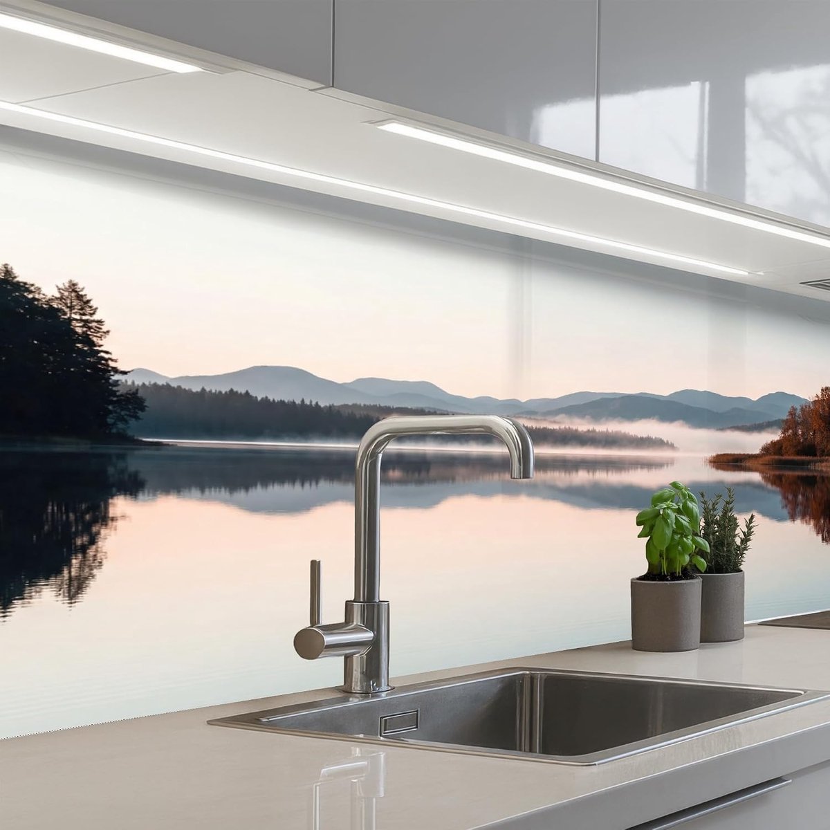 Keukenachterwand 80x200 cm zelfklevend keuken decoratie accessories home kitchen spatscherm Water - Bomen - Mistlaag