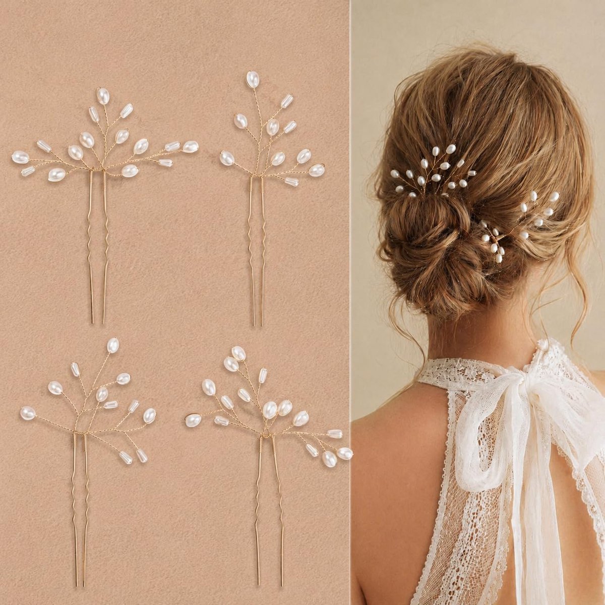 Haarspelden met parels voor bruiloft, 4 stuks, haarsieraad voor bruid en bruidsmeisjes, U-vormige haarspelden, elegante bruidssieraad, haar voor bruiloft, bal, feest en dagelijks gebruik
