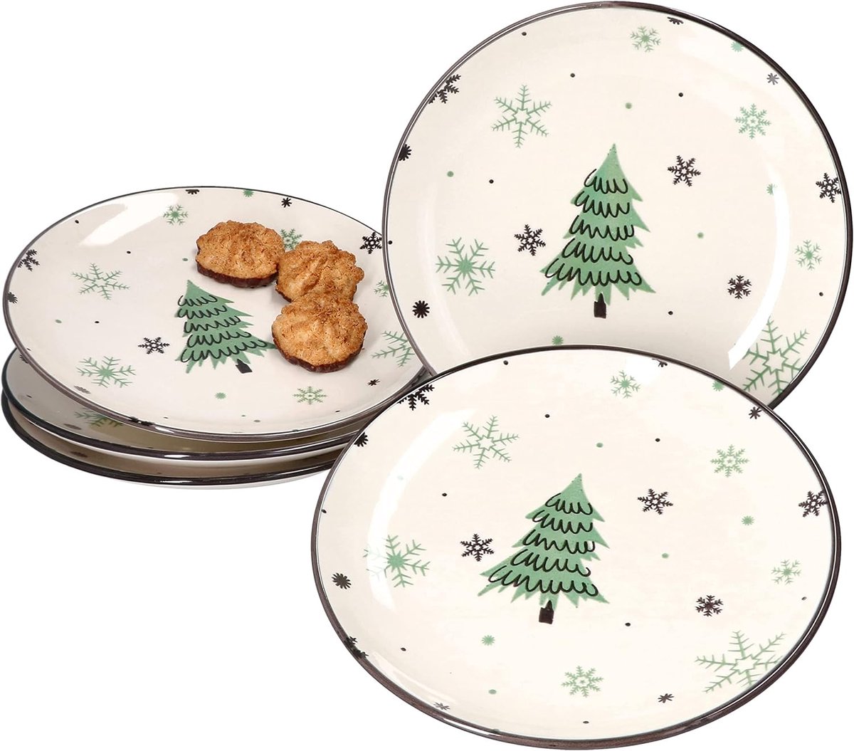 Set van 6 kerstboomtaartborden, voor 6 personen, taartborden voor Kerstmis met dennenbomen en sneeuwvlokken, koekjes, ontbijt- of dessertborden, plat, aardewerk
