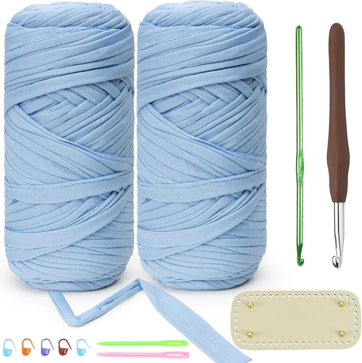 Haakzakband (400 g: 2 bollen à 200 g) — Inclusief 6 mm en 4 mm haaknaalden, steekmarker, naainaald en 20 x 9 cm zakonderlegger (blauw)
