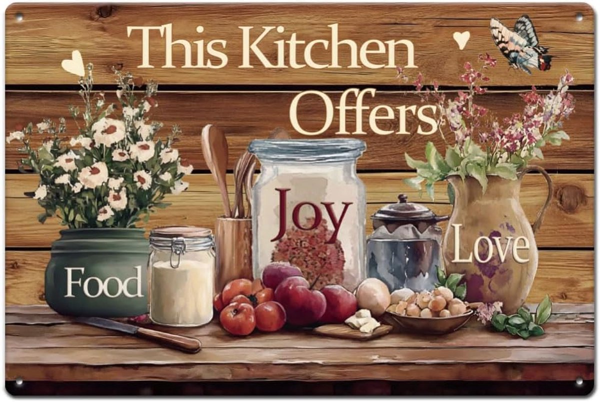Keukenaanbiedingen metalen plaat vintage metalen poster eten vreugde liefde decoratieve wandplaat voor huis keuken woonkamer slaapkamer kunst vintage decoratie 20 x 30 cm