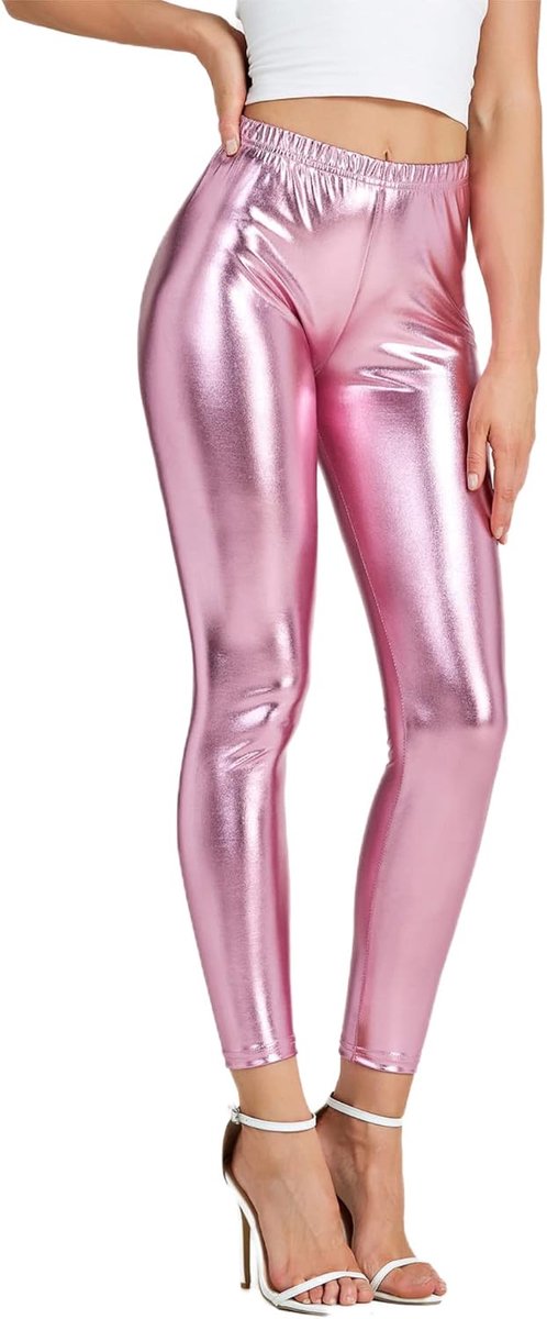 Sportlegging voor dames in glanzend metallic, felle kokerbroek, trendy fitnessbroek, snoepkleurige broek