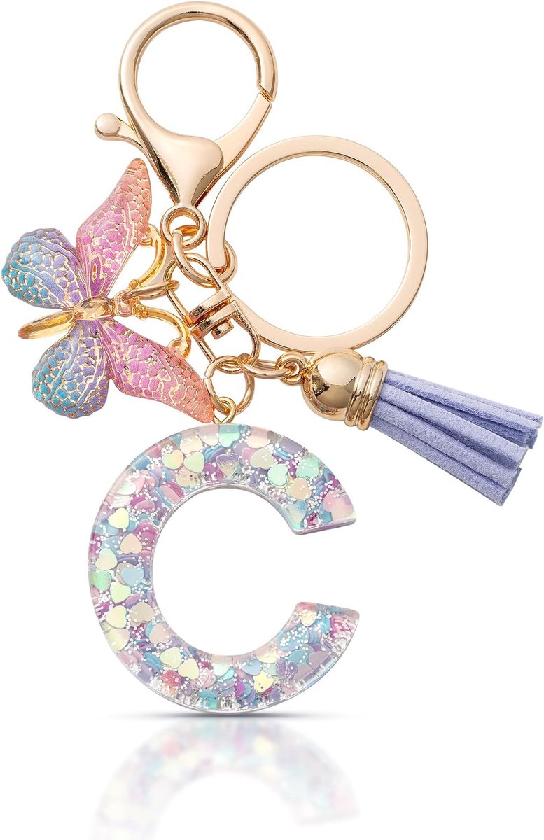 Sleutelhanger letter meisjes sleutelhanger vlinder met beginletter voor vrouwen dames, lila, S