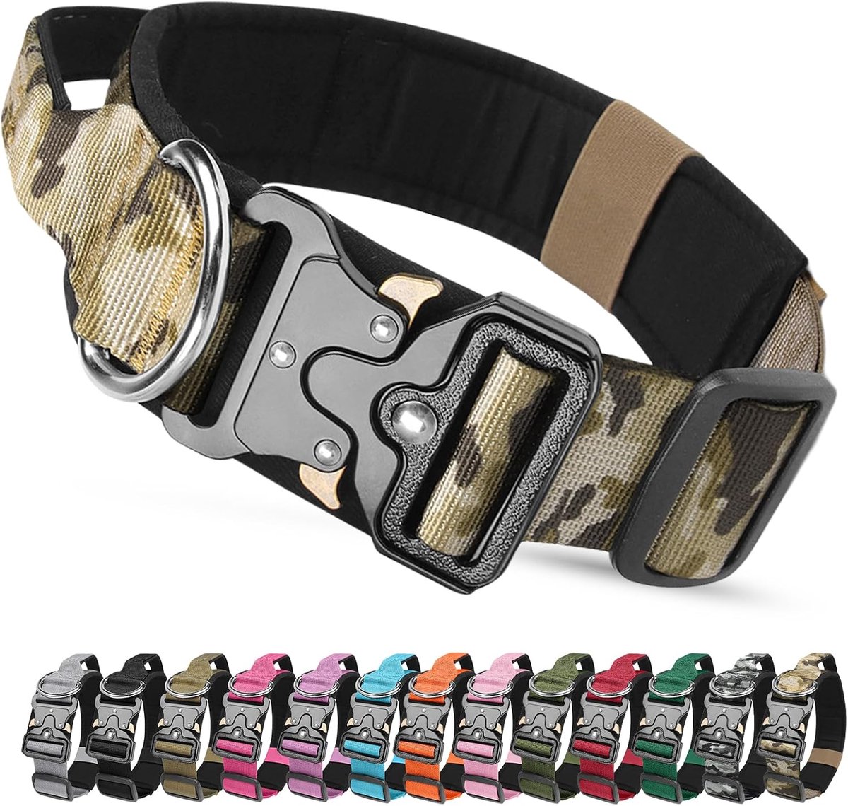 hondenhalsband met bedieningsgreep, breed, verstelbaar, van nylon, gevoerd, voor middelgrote honden, grote training (camouflage kaki, L)