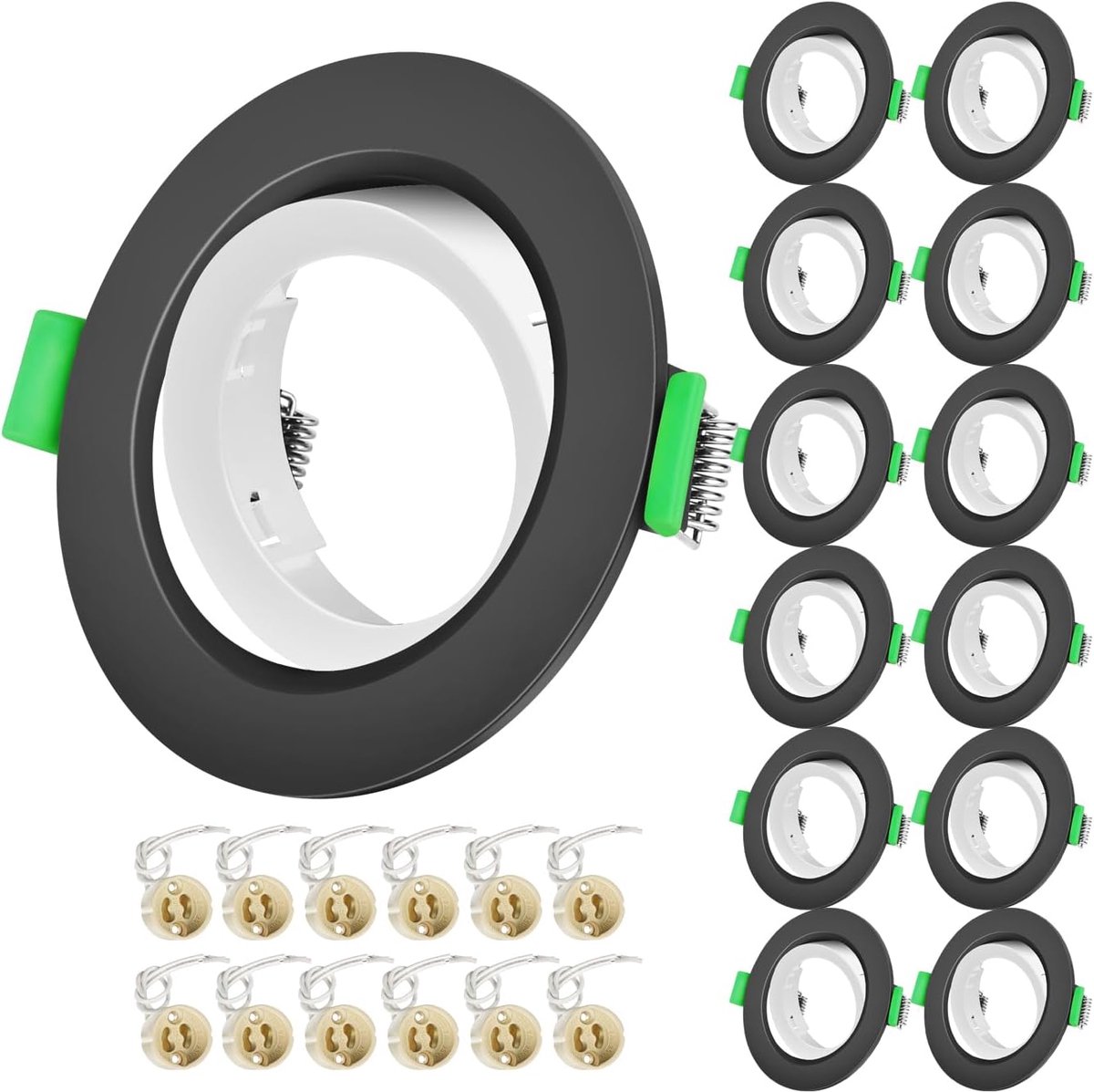 GU10 set, spot inbouwframe, rond zwart buitenring, wit binnenring 30° draaibaar, incl. GU10-fitting, afdekplaat 68mm-80mm, inbouwspots frame voor LED of halogeen (50mm lampen), 12 stuks