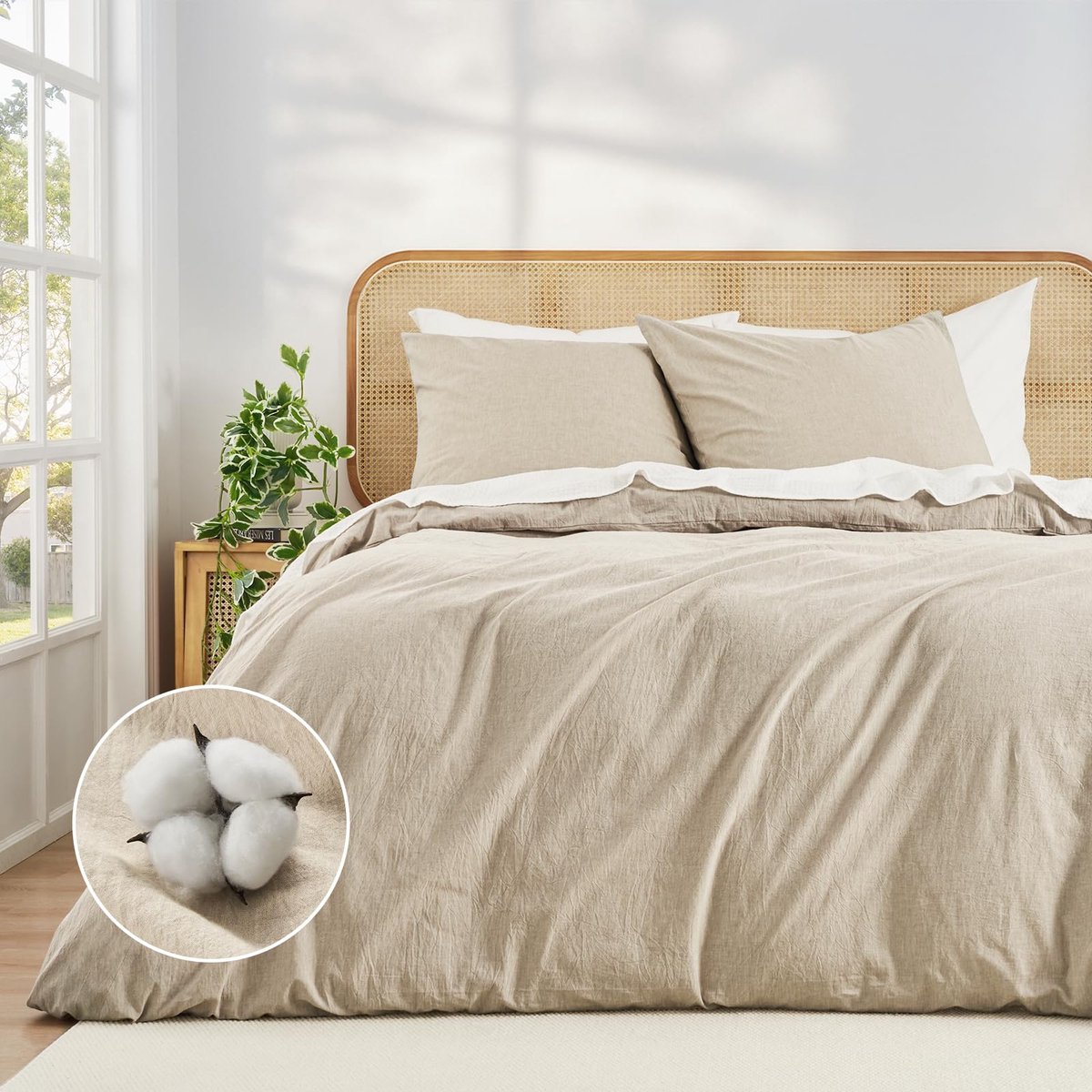 Beddengoedset 220 x 240 cm - 100% Voorgewassen Katoenen Dekbedovertrek met Linnenstructuur - Extra Zachte Oversized Dekbedovertrekset met Rits - Inclusief 1 Dekbedovertrek 220 x 240 cm en 2 Kussenslopen 80 x 80 cm - Beige - OEKO-TEX Gecertificeerd