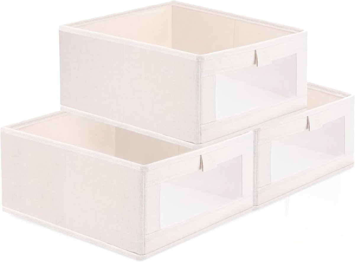 Opvouwbare opbergdoos, set van 3, 100% katoenen linnen opbergdozen met transparant kijkvenster, kastorganizer en kledingkast, organizer voor kleding, speelgoed, 41 x 28 x 17 cm