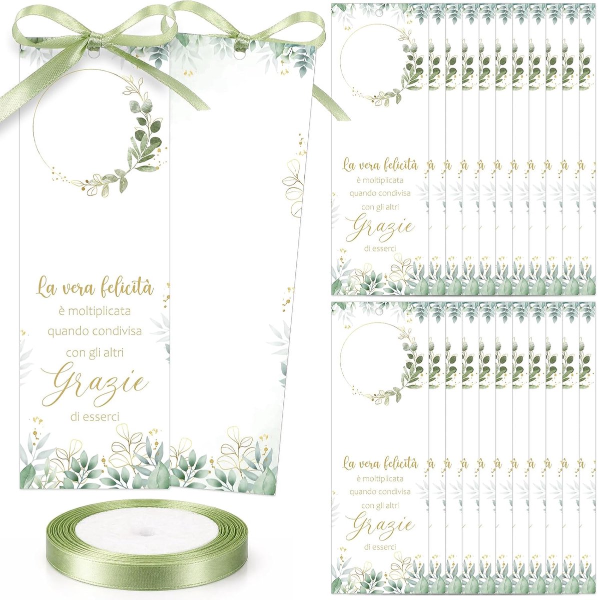 50 Stuks Trouwkaartjes Bedankkaartjes voor de Bruiloft Bruiloftsbedankjes Bedankkaartjes voor de Gasten met Lint Trouwuitnodigingen Tafeldecoraties(Saliegroen)