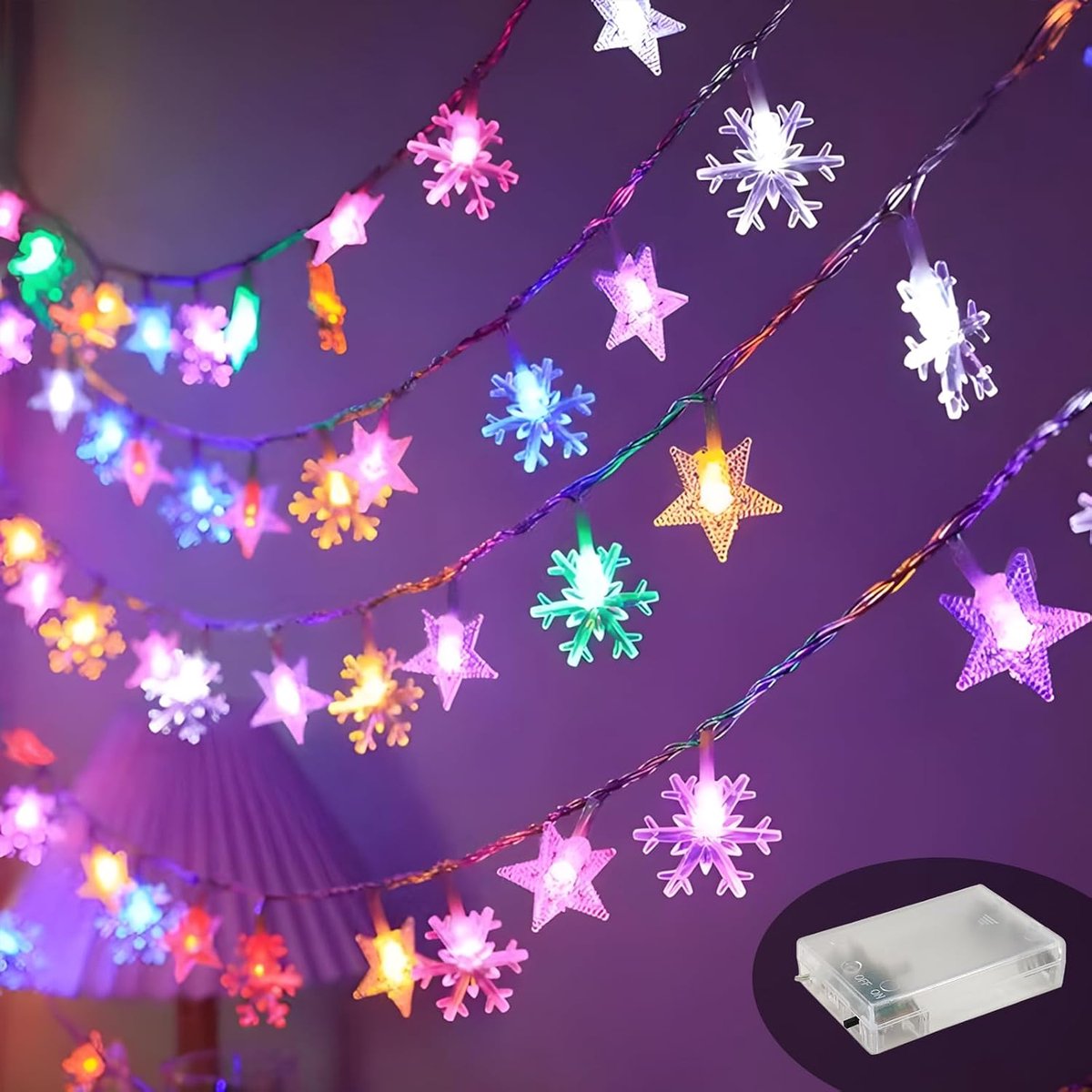Sterren, led, werkt op batterijen, 10 m, 100 leds, waterdicht (vijfpuntige ster + sneeuwvlok warme kleur)