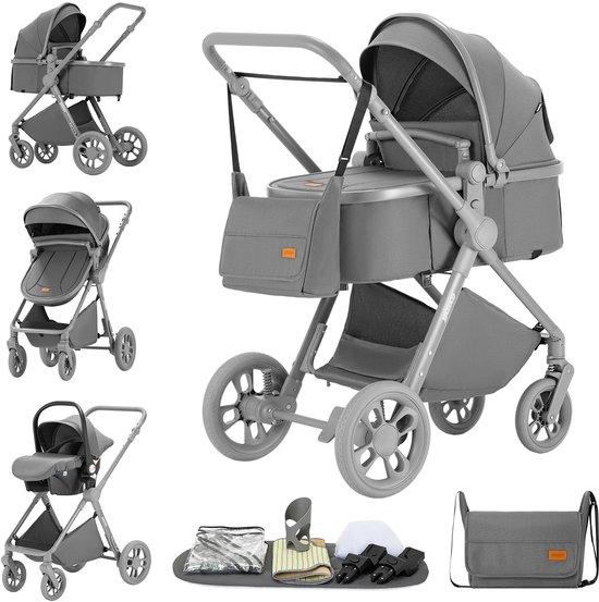 Grijze Yazoco 3-in-1 kinderwagen met reiswieg, zitje en accessoires.