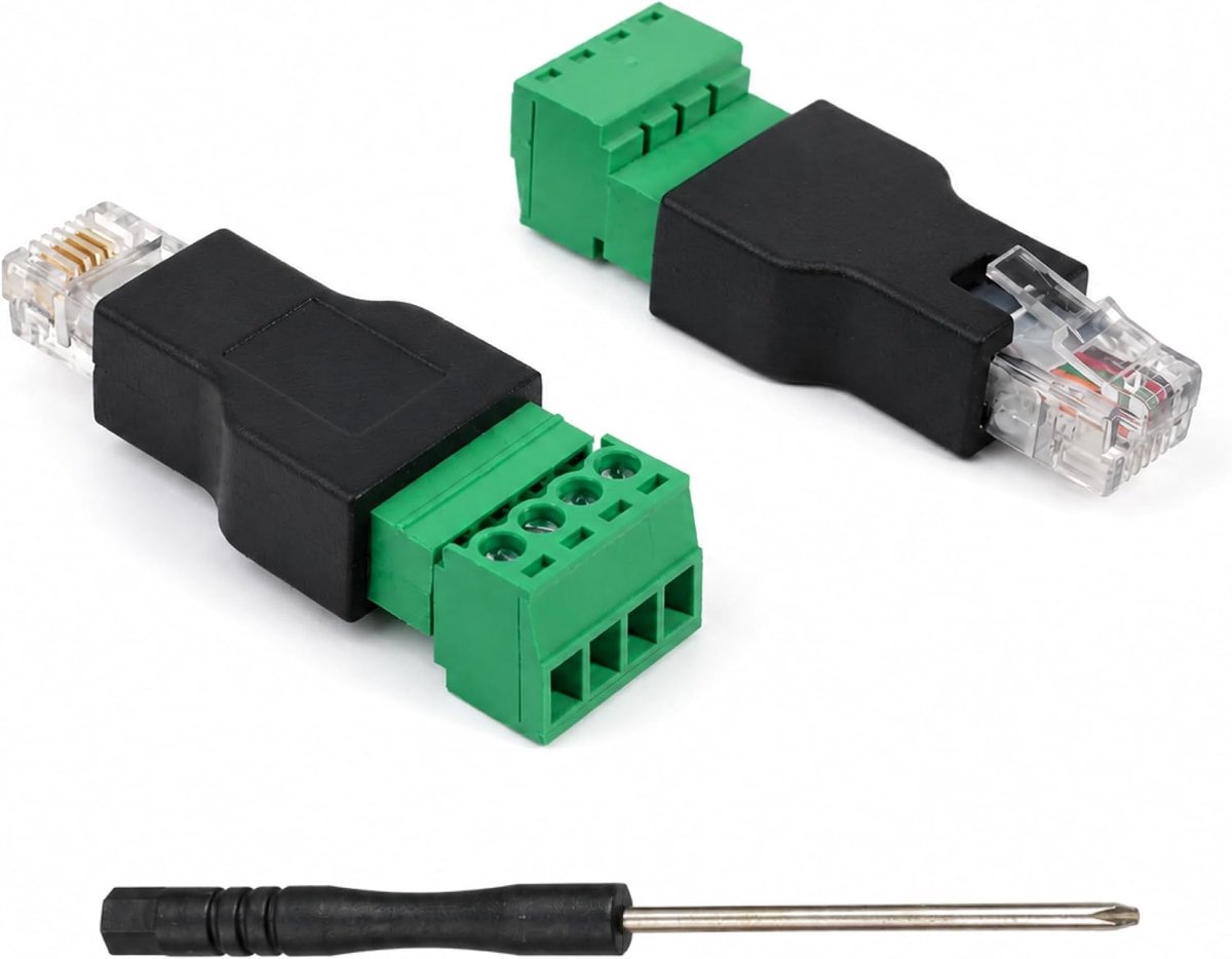 2 stuks RJ11 4P4C schroefklemmen adapter RJ11-stekker op 4-polige schroefklem, vergulde contacten, robuuste telefoonkabelconnector, schroefklem, kabelverlenging, CCTV DIY