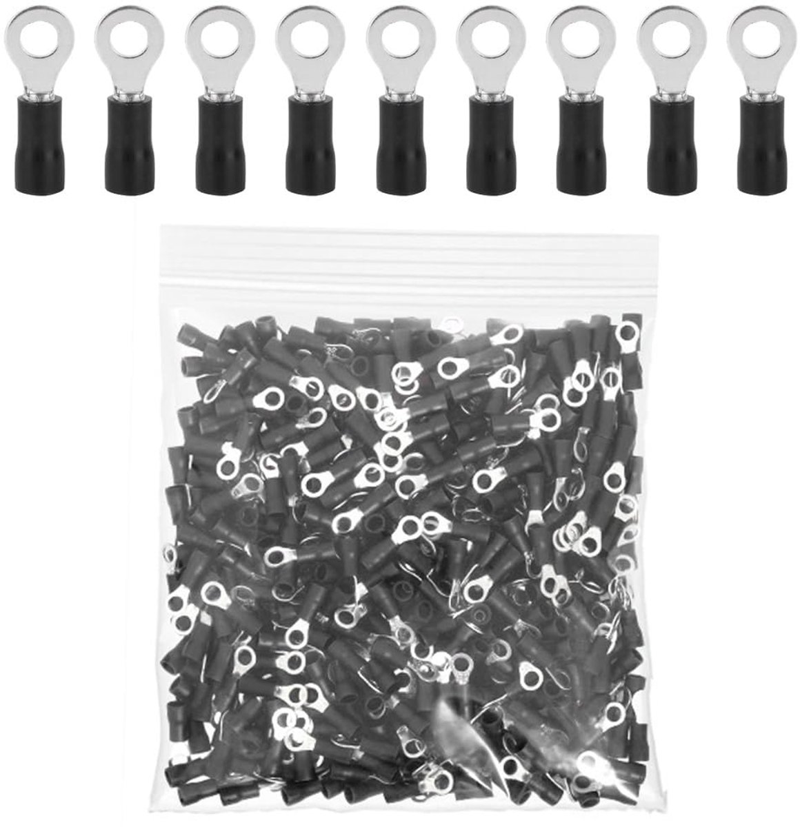 100 stuks zwarte M4 krimpconnector, ring, 4,3 mm, koper, elektrische ring, verbindingsdraad 12-14 AWG krimpschoenen, ring, kabelschoenen, eindklemmen geïsoleerd