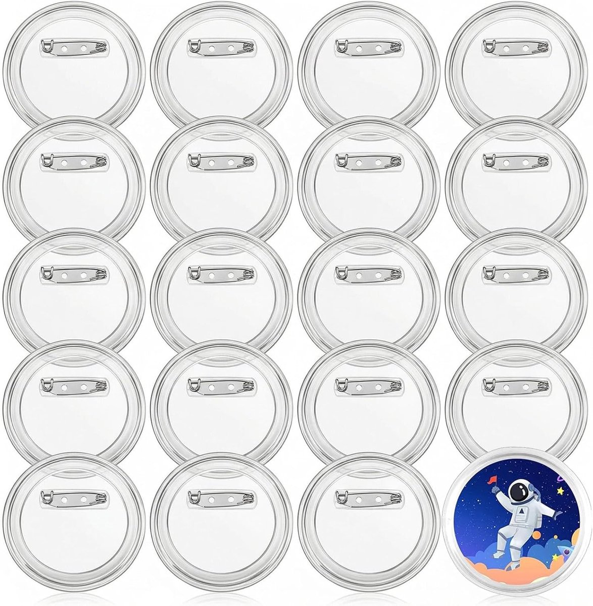 20 stuks 60 mm gepersonaliseerde badges met knutselspeld voor doe-het-zelf, bruiloften en evenementen – hoge transparantie en eenvoudige installatie