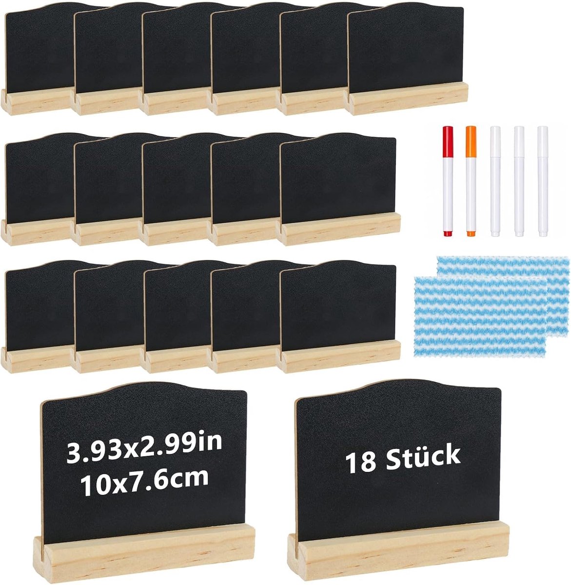 18st Mini voor Menukaarten & Labels | 18 mini krijtbordstandaards met 5 stiften en 2 doeken. Voor menukaarten, labels, prijskaarten en tafelnummers.