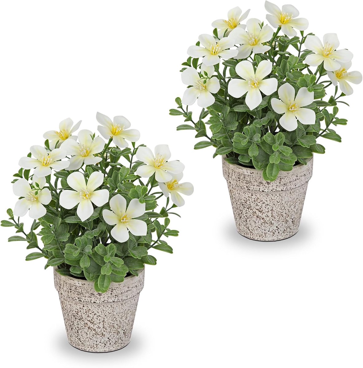 Kunstbloemen in rustieke pot, 2 stuks kleine nepplanten voor binnen in potten, witte decoratieve kunstmatige Oxalis bloemen voor boerderij vensterbank thuis tafel middenstuk decoratie