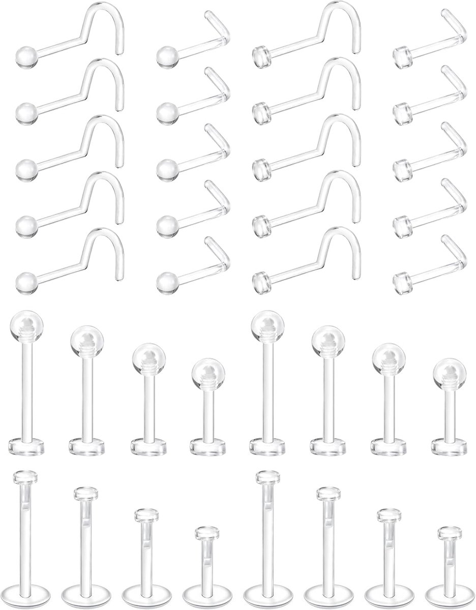 32-82 stuks transparante acryl piercings voor neus, septum, lip, tong, , navel, oor, kraakbeen, oor, piercing, sieraden, kunststof, voor chirurgie en magneetresonantie