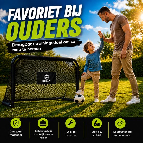 Man en jongen met voetbaldoel. Duurzaam materiaal, lichtgewicht, snel op te zetten.