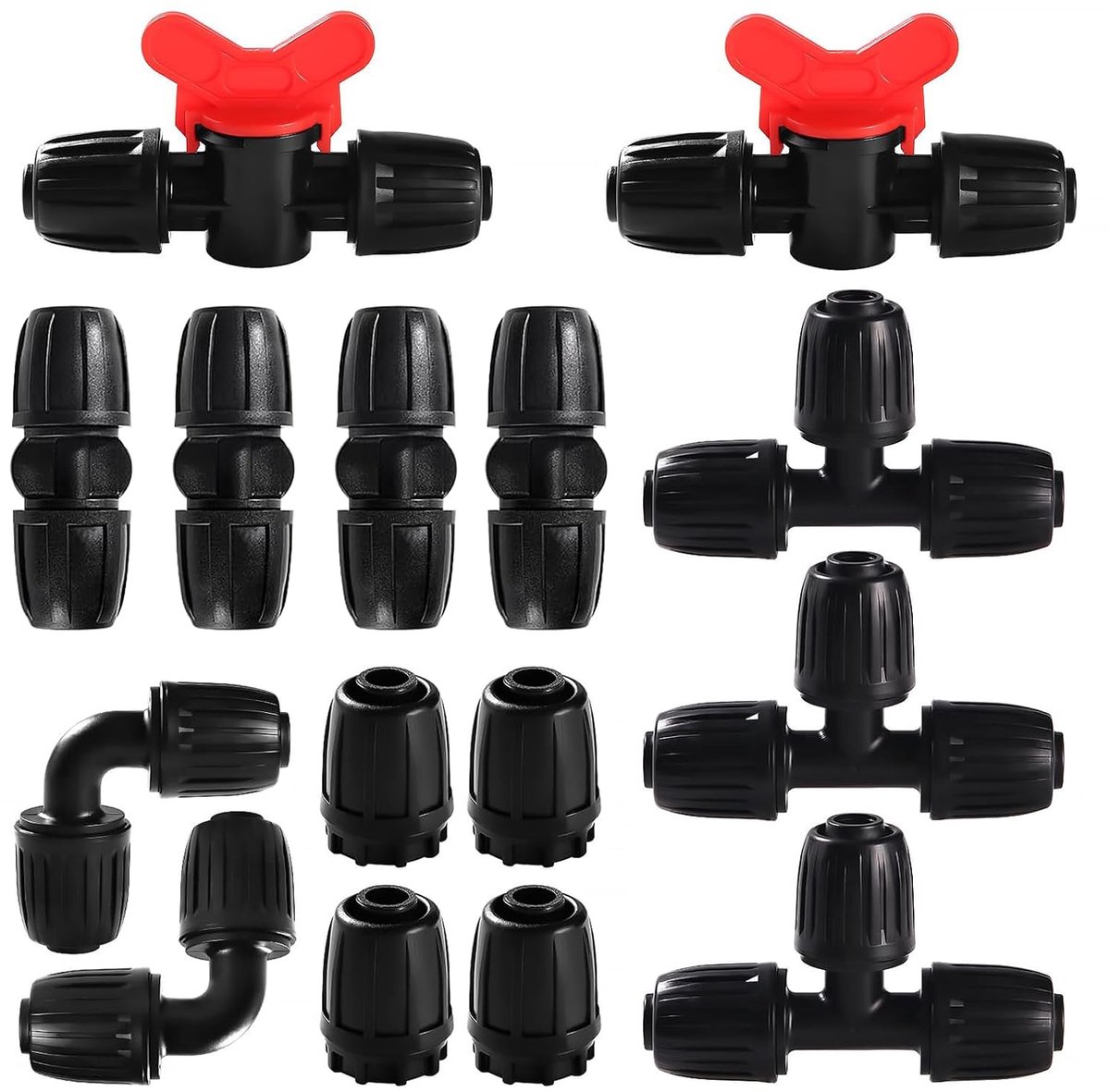 15 stuks irrigatiefittingen voor buizen 16 mm, irrigatiewaterslangaansluiting, ventiel, irrigatieschakelaar, druppelirrigatiebuis, tuinirrigatiesysteem, zwart