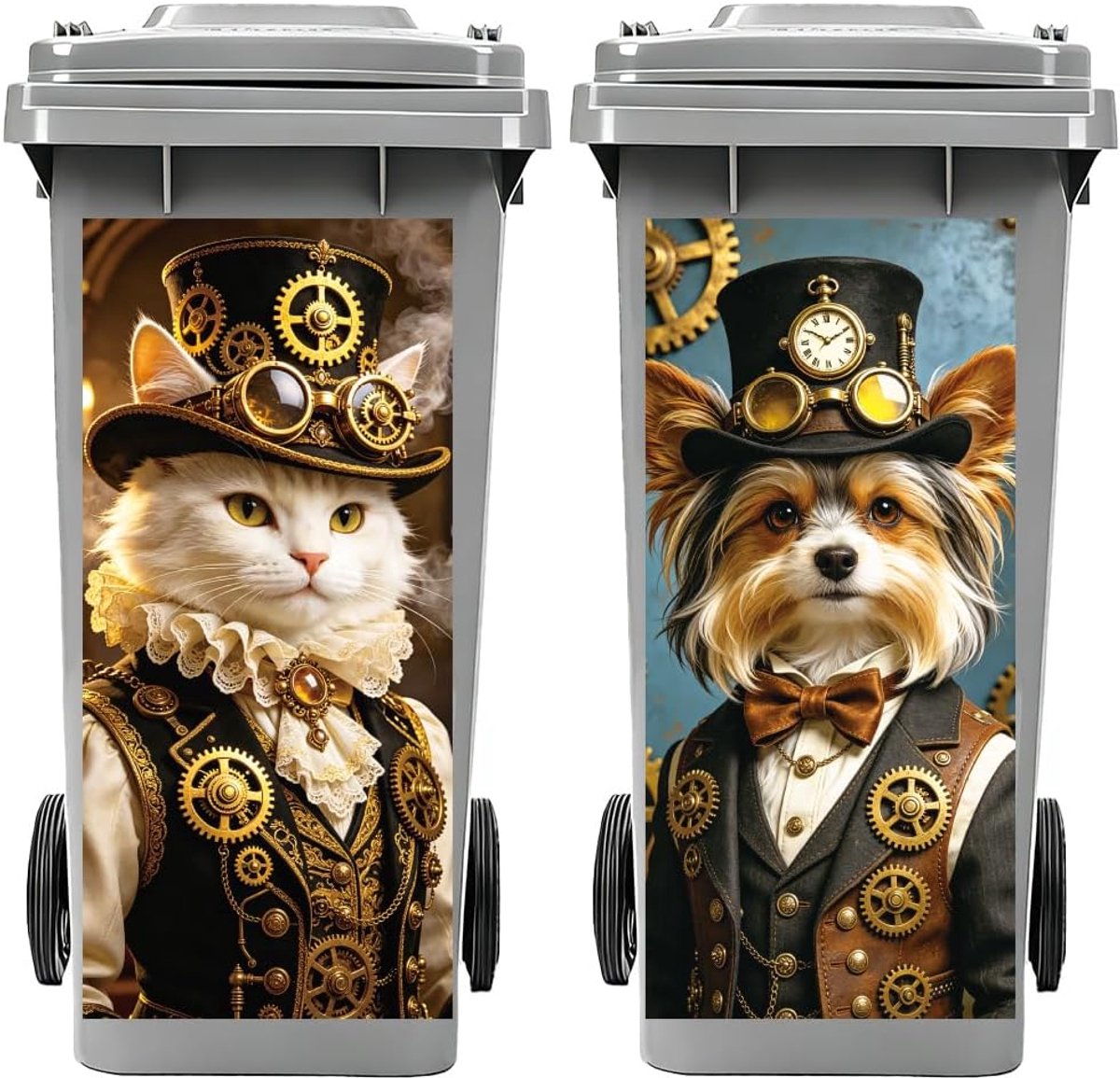 2 stuks vuilniscontainerstickers, steampunk, kat en hond, 38 x 81 cm, waterdicht, grote stickers voor containers, koelkast, huis, wanddecoratie