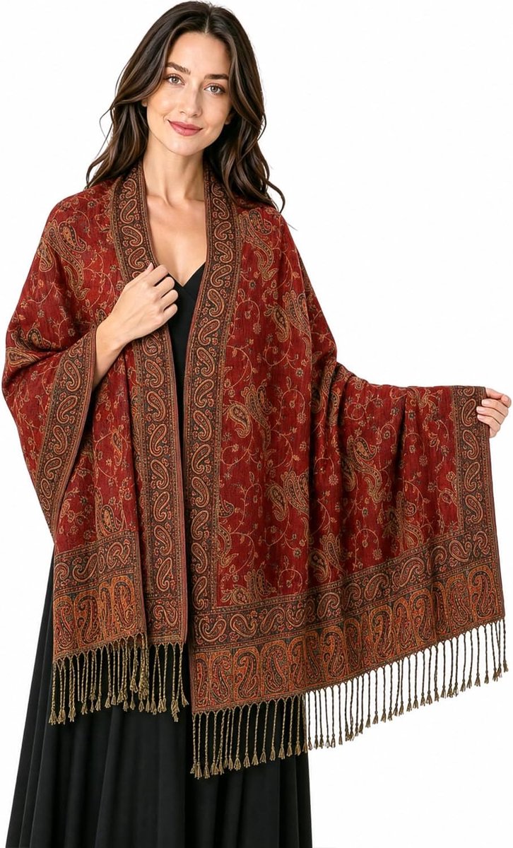 Sjaal voor Dames, Jacquard Paisley Omslagdoek, Grote Omkeerbare Wollen Sjaal, Zacht Materiaal voor Reizen en Feesten, Rood