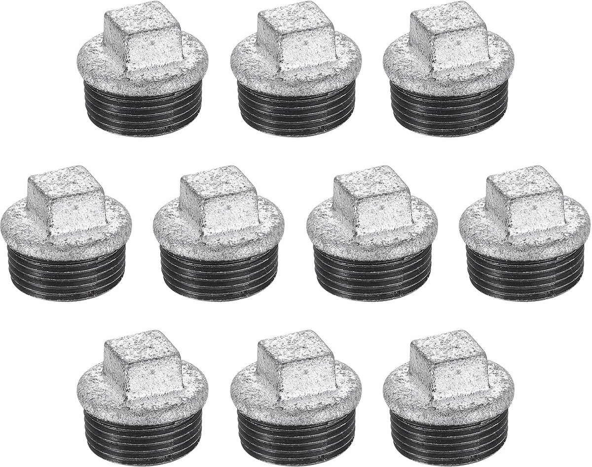 10 stuks 3/4 inch mannelijke leidingfittingen, vierkante kop van smeedbaar gietijzer, buisafsluitdoppen voor sanitair-, waterleidingdecoratie en meubels, zilver
