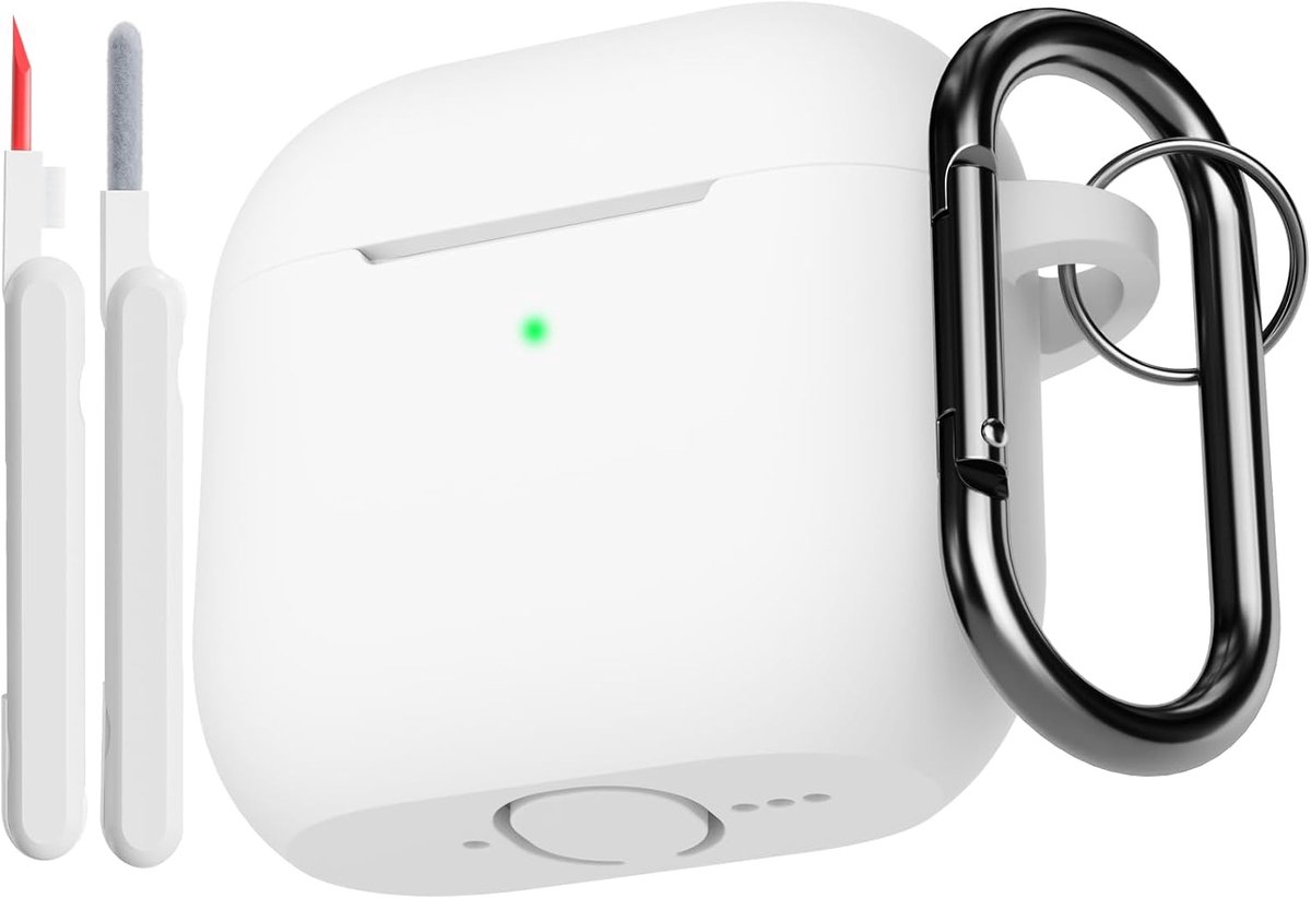 Hoes compatibel voor AirPods 4e generatie met reinigingsset, zachte siliconen full body schokabsorberende beschermhoes voor Airpods 4 2024 met reinigingspen en karabijnhaak, wit