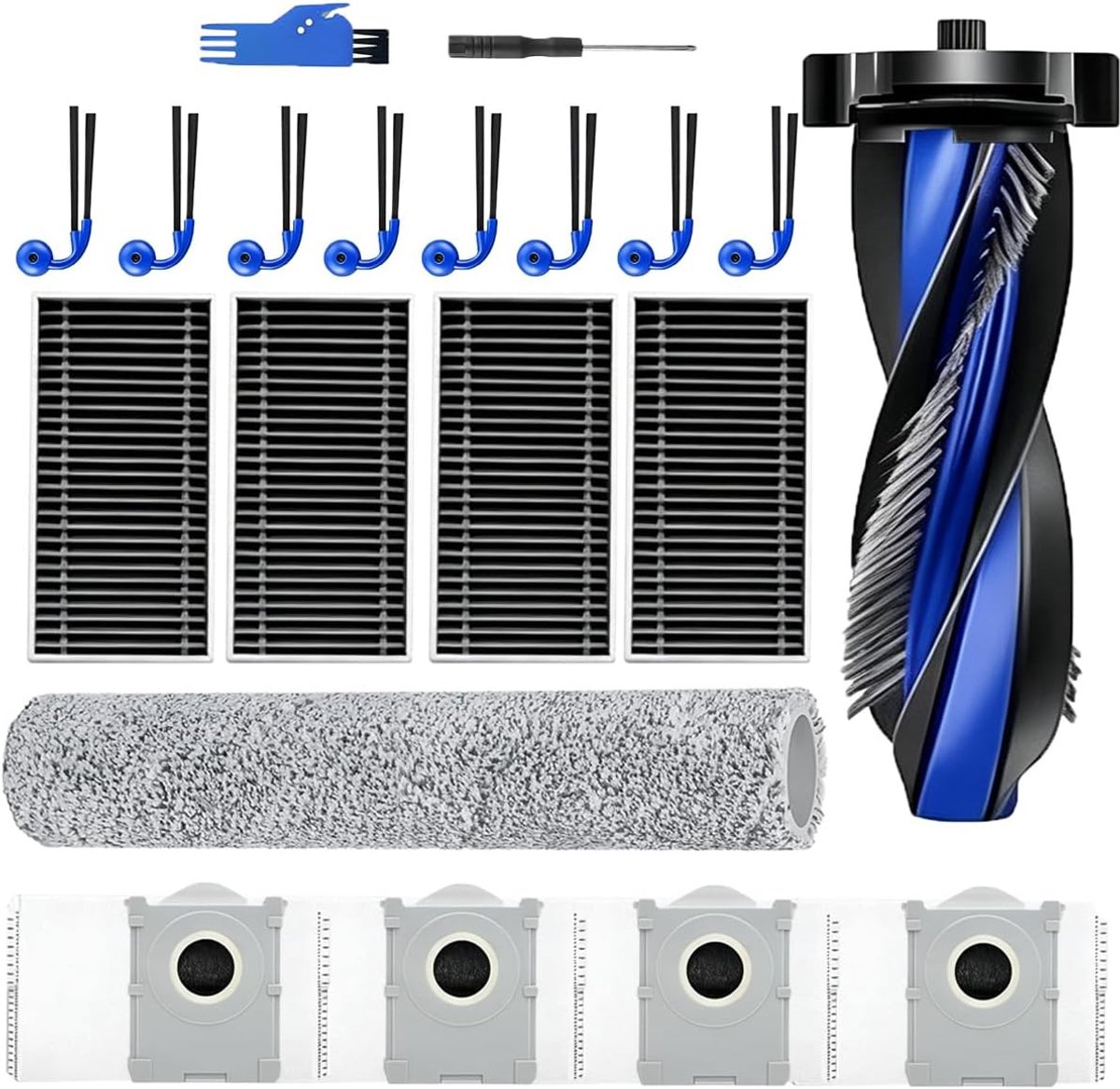 Reserveonderdelen voor Ecovacs T90 Omni / T90 Pro Omni stofzuiger, 1 roldoek, 1 hoofdborstel, 8 zijborstels, 4 filterpatronen, 4 stofzakken, 1 reinigingsborstel, 1 schroevendraaier