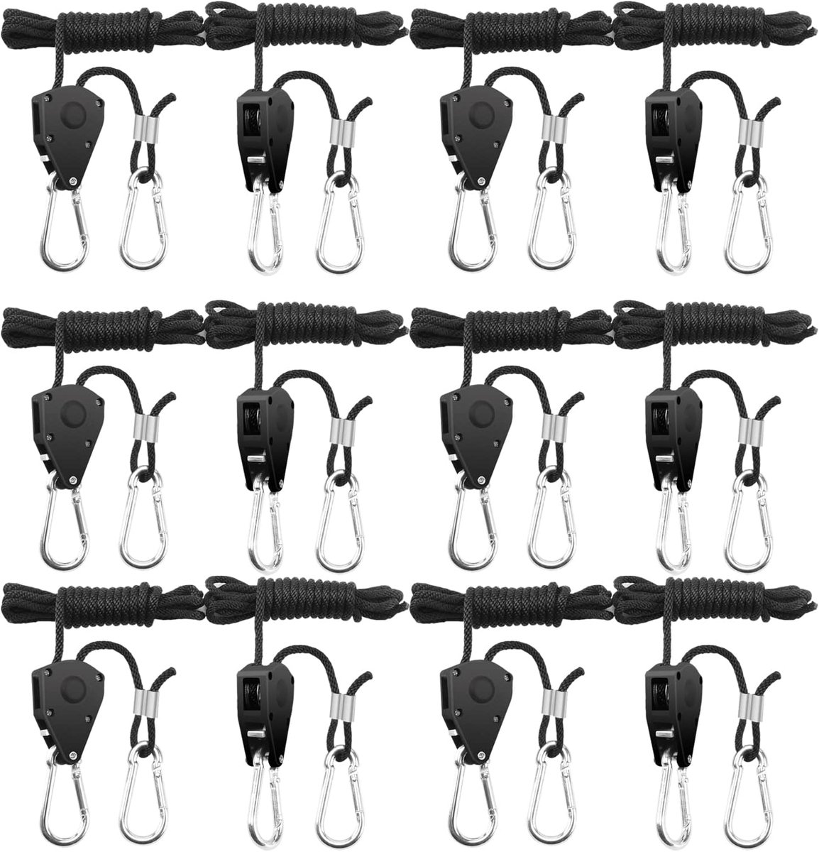 6 Paar (12 Stuks) Touw Ratel met Haken Ratel ophangtouw 1/8 Inch voor tuinieren tuin Groeiende Hydroponics Opknoping Reflectoren Koolstoffilters LED Lampe, tot 68 kg