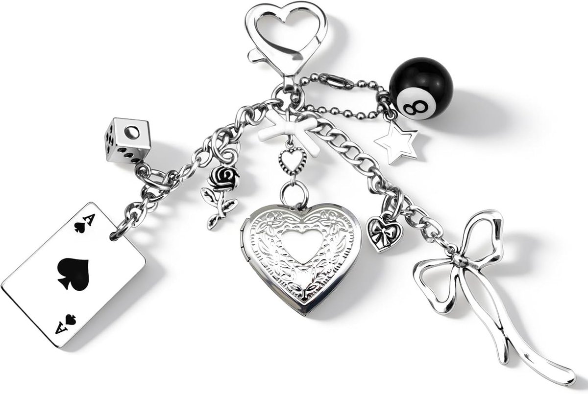 Tassenhanger zilver met hartmedaillon en strik, Y2K bag charm metalen hanger voor tassen, aesthetic vintage stijl