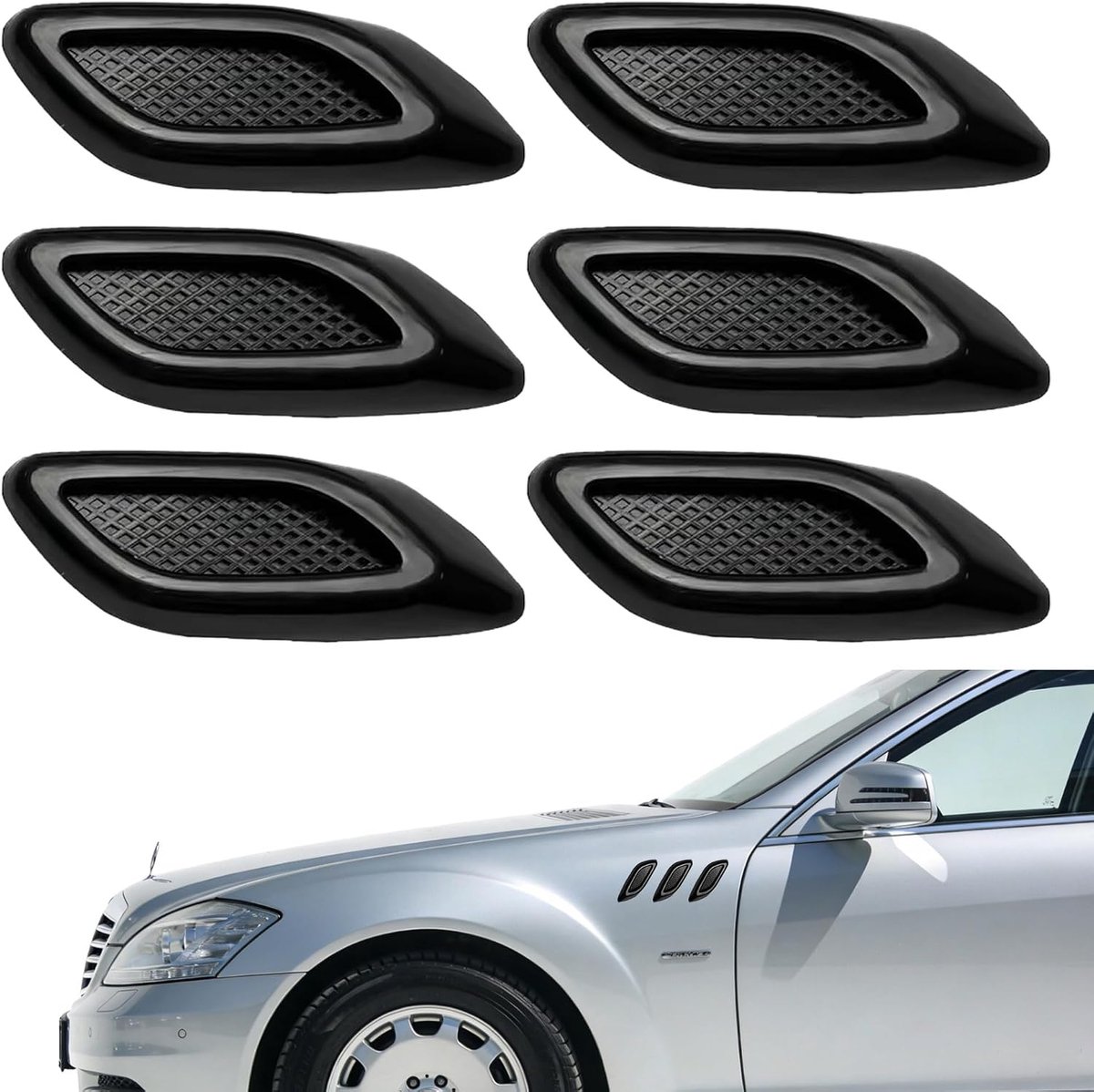 6 stuks auto zijventilatiestickers ABS-materiaal zwart universele luchtstroom trim autoaccessoires wordt gebruikt aan beide zijden van het voertuigoppervlak auto buitenkap zijdeur