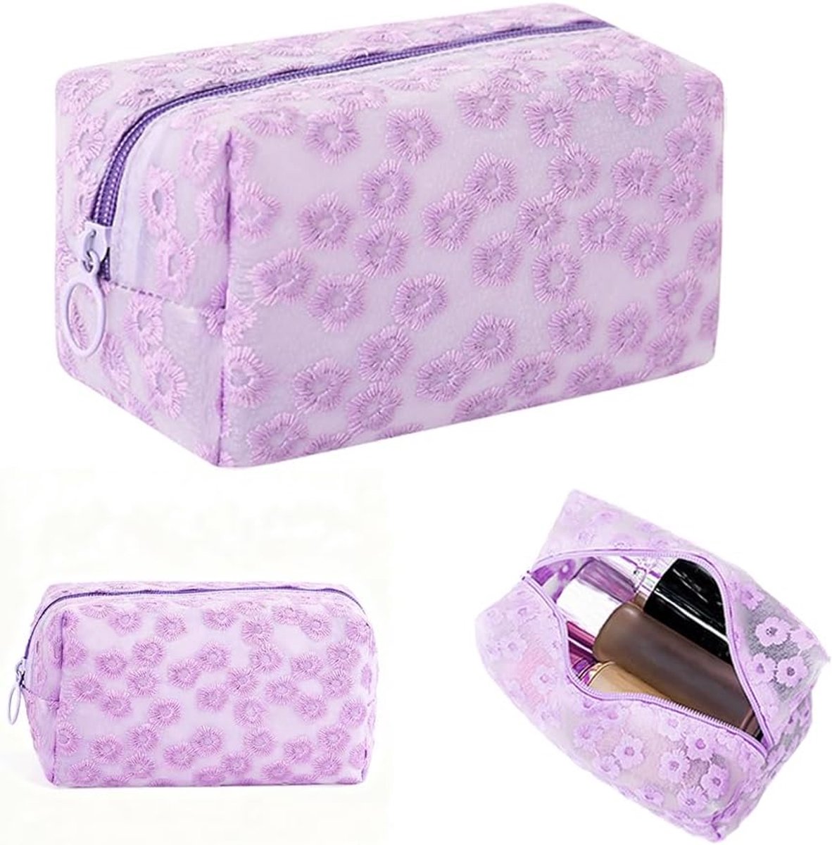 Plastic make-uptas met bloemen, semi-transparante make-uptassen met ontwerp, waterdichte kleine make-uptas voor handtas, schoonheidstas voor dames, voor dagelijks gebruik, reizen of