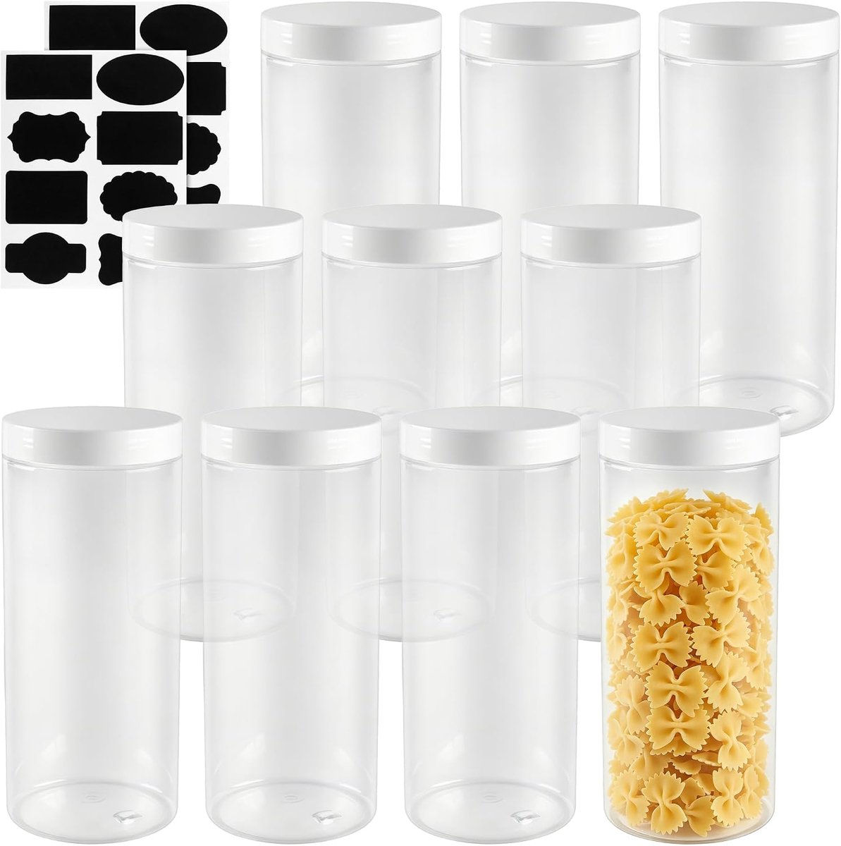 10 stuks ronde voorraadpotten met deksel luchtdicht 1l met etiketten | CHIHEUNG 1000 ml transparante plastic containers, kunststof potten voor specerijen, granen en gedroogd fruit, herbruikbaar