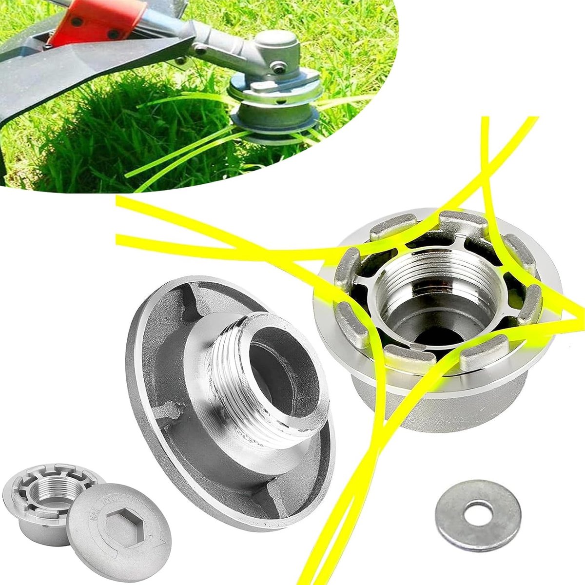 1 Stuk Aluminium Strimmer Hoofd, Universele Grastrimmer Kop, Aluminium Trimmerkop, Aluminium Draadkop met 4 draden, voor Gazontrimmers in de Tuin, Gazondekken in de Tuin