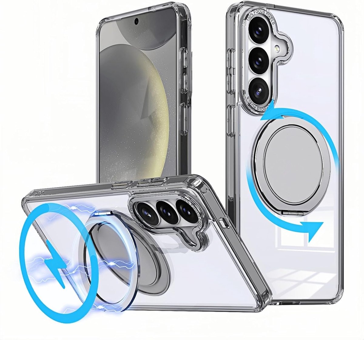 hoes voor Samsung Galaxy S26 Plus, transparant [MagSafe met compatibel] met draaibare ringstandaard, verhoogde metalen camerabescherming en militaire schokbestendige bescherming
