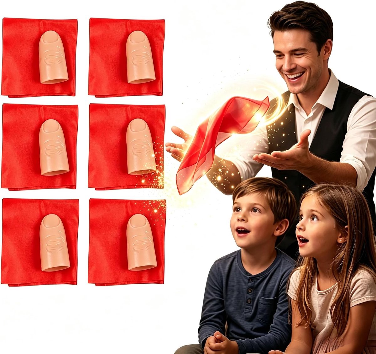 6 stuks tovertrucs voor volwassenen, tovertruc vingers, 6 stuks toverduimtrucs met rode zijden doeken, magische doek laten verdwijnen