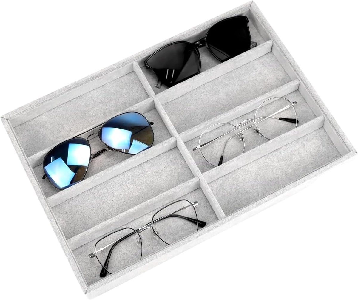 Sieradenlade voor brillen, 8 roosters, grijs, fluweel, stapelbaar, met uitneembare interne scheidingswand, voor mannen en vrouwen, displays, horloges, sieraden