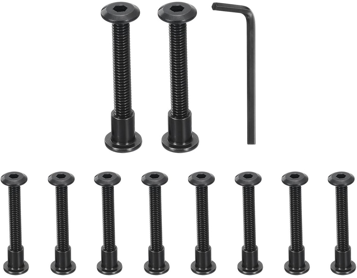 Sets M6 x 50 mm zeskantige aandrijving steekschroeven en M6 x 10 mm moeren met zeskantsleutel, meubelverbindingsschroeven en -schroeven voor meubels verzonken kop, zwart