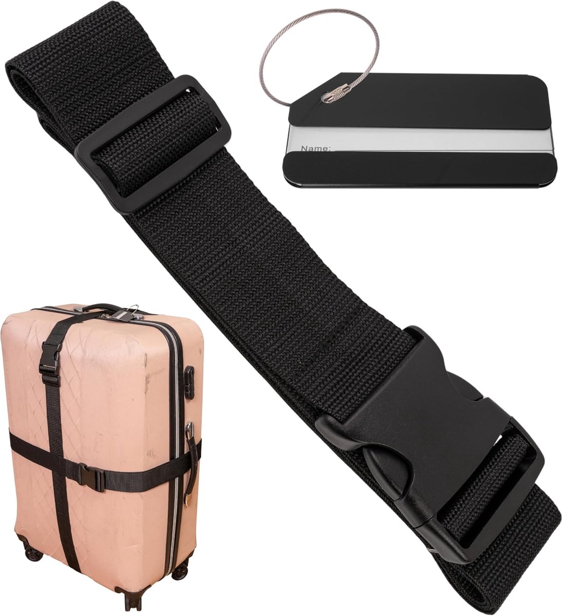 Bagageriemenset met bagagelabel, 200 cm band met gesp voor meer veiligheid, zwart, met naamlabel, bagageriemen met adreslabel voor reizen en vliegen, bagageriemen, kofferriemen