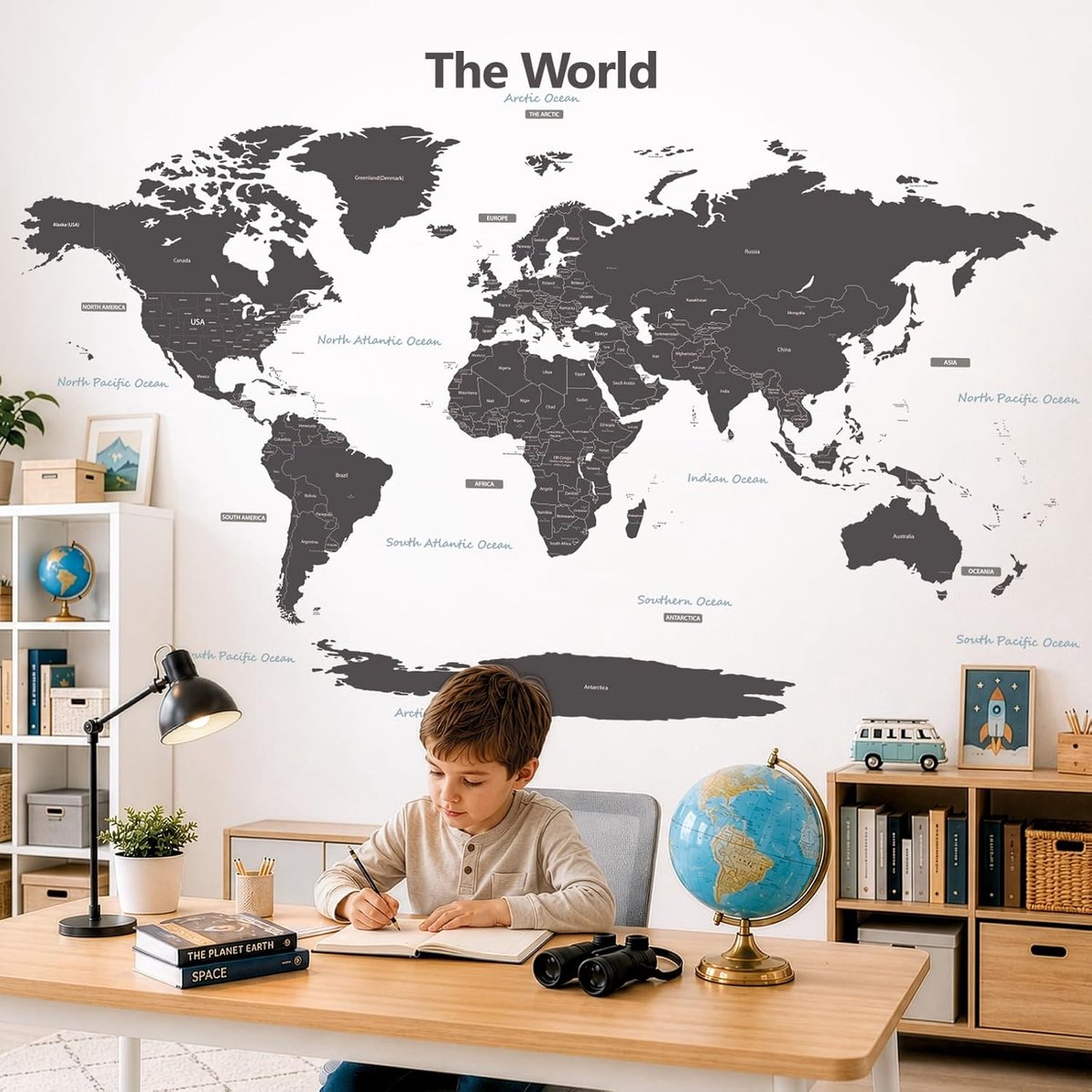 DLT-1609G Moderne grijze wereldkaart Kinderen muurstickers Schil en plak Afneembaar baby Kinderkamer babykamer Kinderkamer Slaapkamer Huiskamer (XLarge)