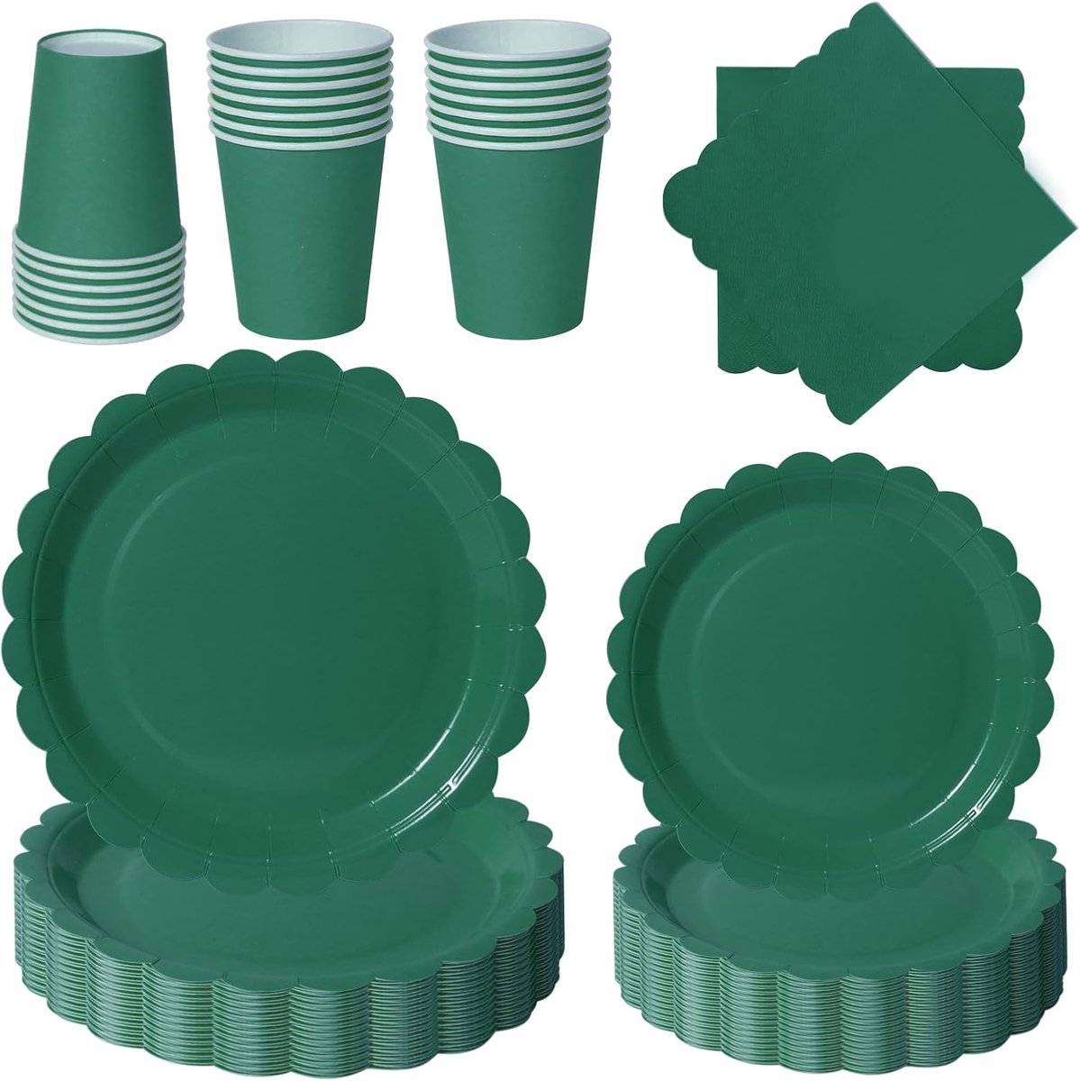 Feestservies, 96-delig, donkergroen, feestborden, set feestborden, papier, kopjes, servetten, voor barbecuefeesten, picknicks, 24 gasten