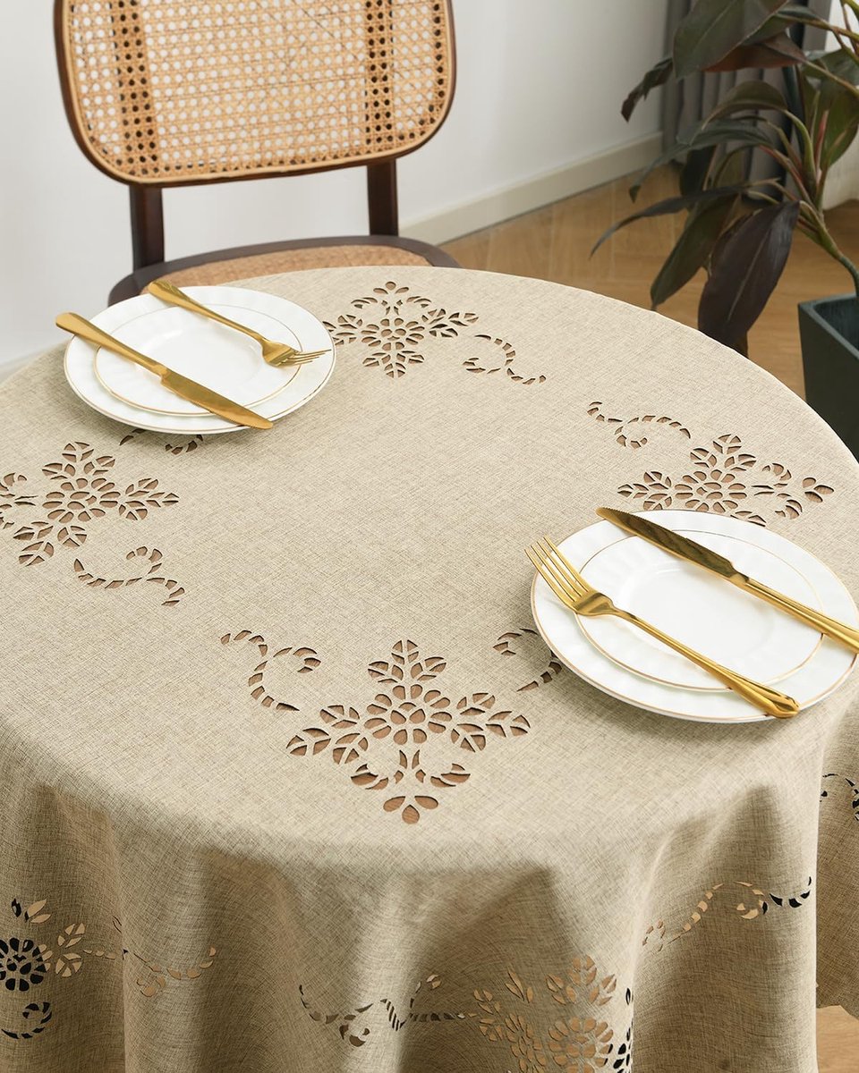 Waterdicht Polyester Tafelkleed met Macramé in Linnenstijl | 140 cm, kreukvrij en wasbaar, geschikt voor binnen en buiten, bruiloft, feest, dagelijks gebruik en huisdecoratie