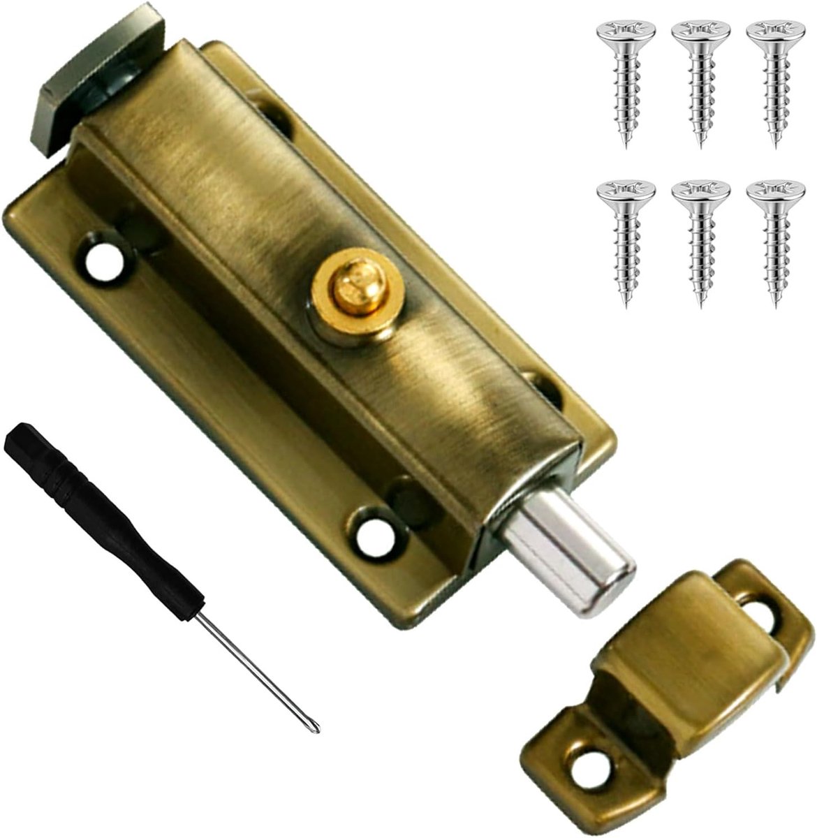 Vatboutvergrendeling, automatische schuifbouten met drukknop, 3 inch roestvrijstalen grendelslot, veelzijdig montagedeurslot, voor poorten, tuinhekken, schuurdeur (brons)
