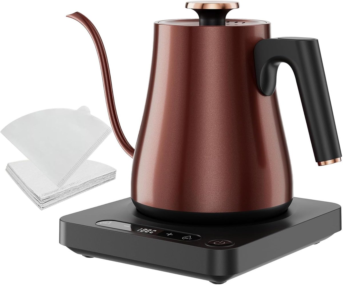 Elektrische Waterkoker 1.0L met Temperatuurregeling en Warmhoudfunctie, 1000W Snelkoken in 4 Min, RVS voor Koffie/Thee, LED Display, Aanraakbediening, Vintage Koper Kleur, BPA-Vrij
