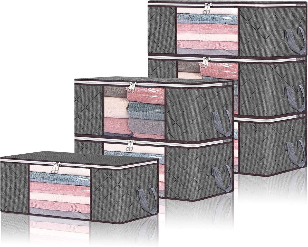 Opvouwbare opbergtas, 35 liter, doorzichtige raamhandgrepen, onderbed, ideaal voor dekbedden, kussens, pluche dieren, jassen, kleding, grijs, 6 stuks