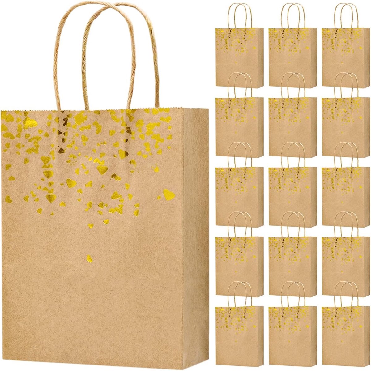 Cadeautasjes kraftpapier 15 stuks - 21 x 15 x 8 cm - bruin met gouden hart - perfect voor verjaardagen en feestdagen - SnelShoppen