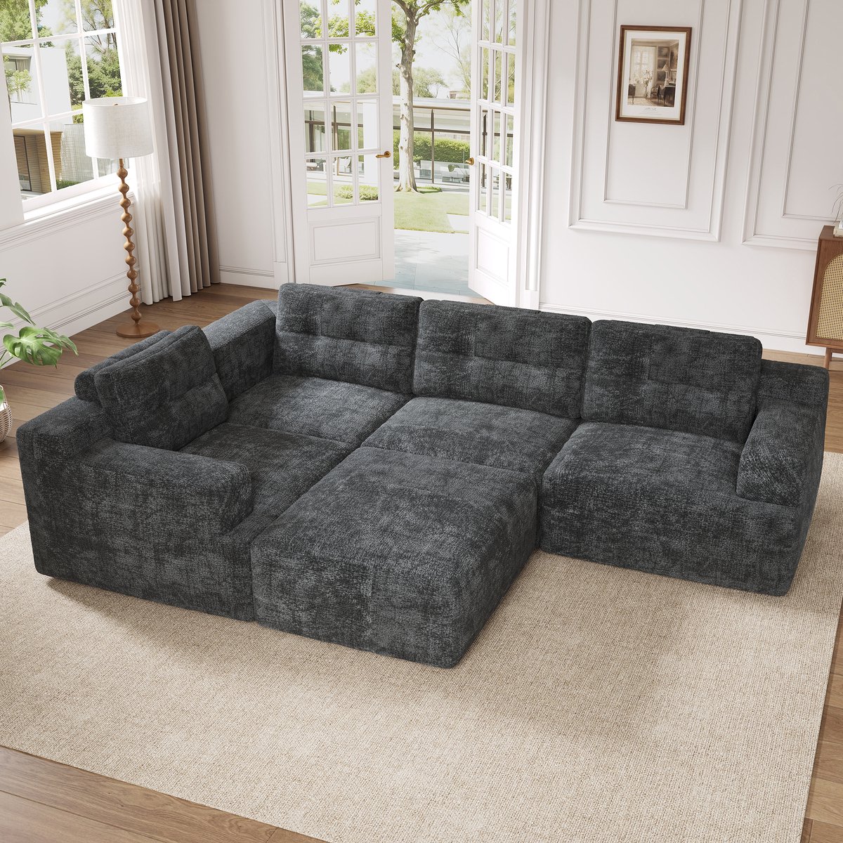 Woonkamer Hoekbank, 5-Zitsbank, L-Bank, U-Bank, Modulaire Combinatiebank, Flexibel Te Configureren Als L-Vorm Of U-Vorm, Frameloze Constructie Van Schuim, Geen Montage Nodig, Chenille Bekleding-Grijs